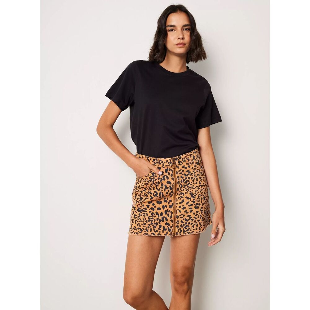 Free People Zip It Up Leopard Print Raw Hem Cotton Denim Mini Skirt Size 28